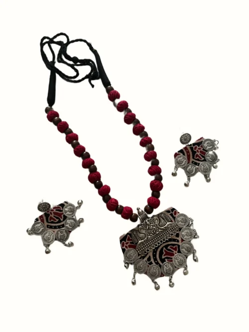 Handcrafted Maroon Kalamkari Printed Fabric Necklace Set with Peacock Silver Crest, Coin Fringe & Fabric Bead Strand