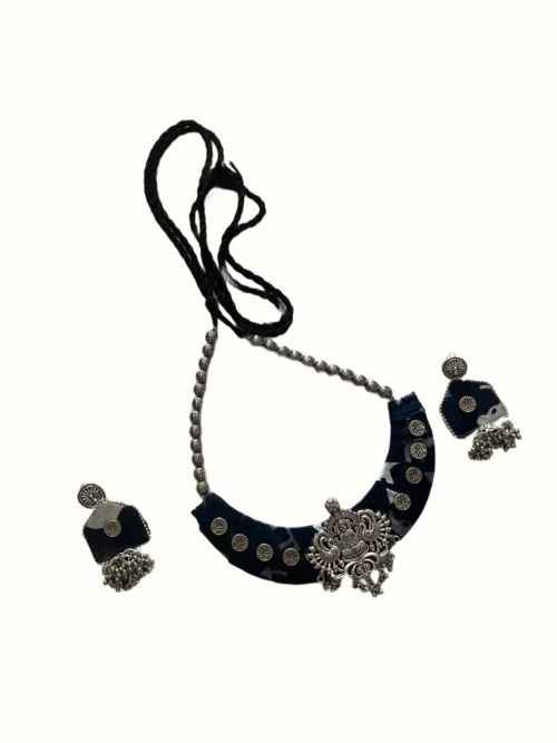 Handmade Navy Blue Batik Print Crescent Collar Choker Set with Temple Goddess Motif, Silver Coins & Jhumka Earrings