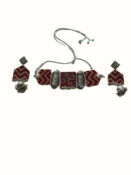 Handcrafted Maroon & Beige Chevron Block Print Fabric Choker Set with Oxidized Silver Barrel Beads & Jhumka Earrings