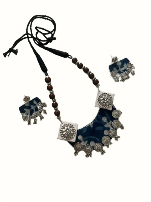 Indigo Print Fabric Crescent Necklace Set with Silver Coin Border
