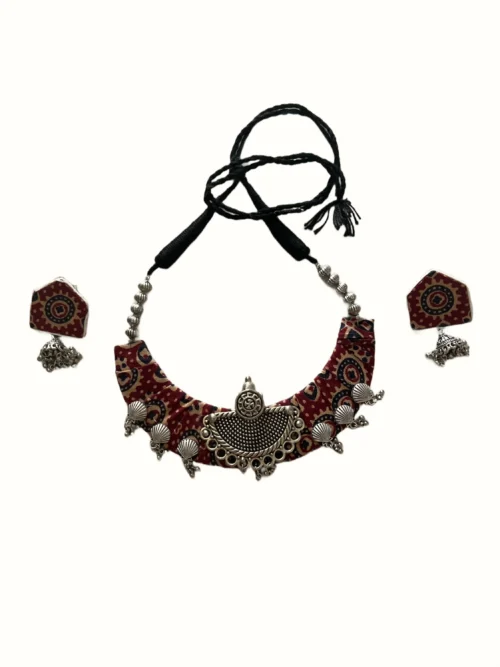 Maroon Ajrakh Print Fabric Crescent Collar Set with Shell Charms