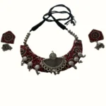 Maroon Textile and Silver Jhumka Set