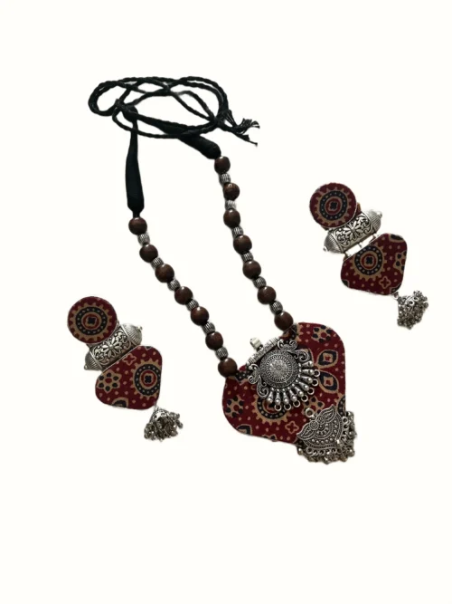 Maroon Ajrakh Fabric Shield Pendant Necklace Set with Wooden Beads