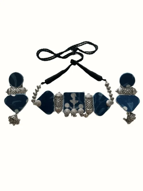 Indigo Blue Print Fabric Panel Choker Set with Shell Charms