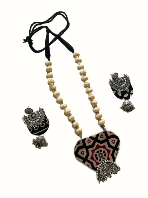 Geometric Print Fabric Statement Necklace Set with Beige Thread Beads