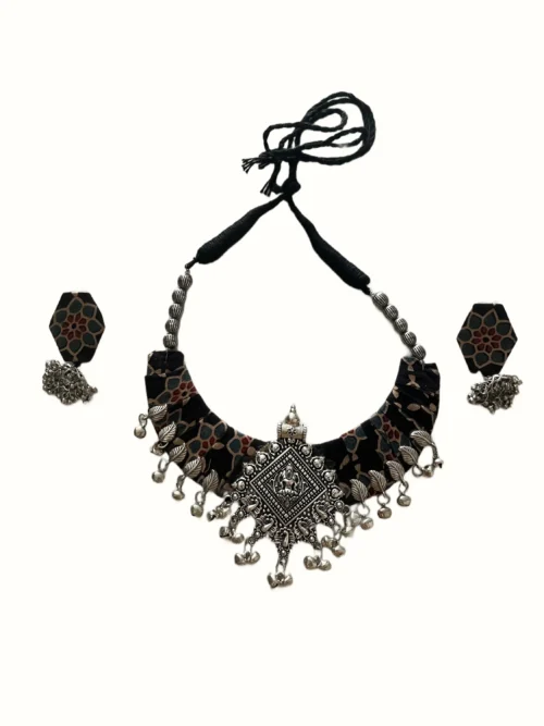 Black Kalamkari Fabric Crescent Choker Set with Temple Goddess Pendant