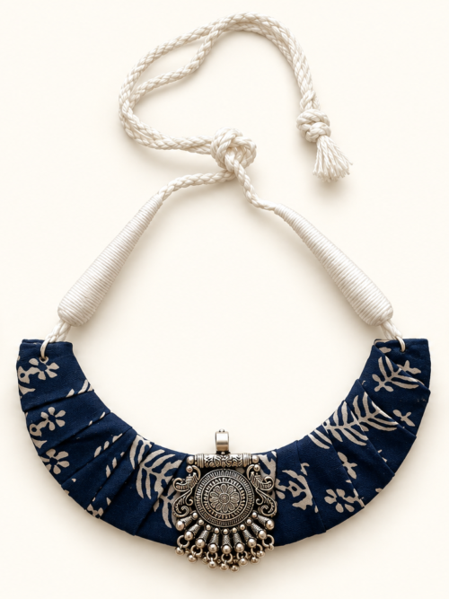 Indigo Fabric Necklace Set with Silver-Tone Pendant
