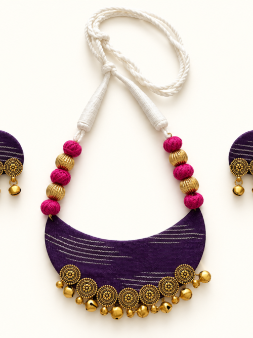 Purple Fabric Necklace Set with Pink Beads & Gold-Tone Bells