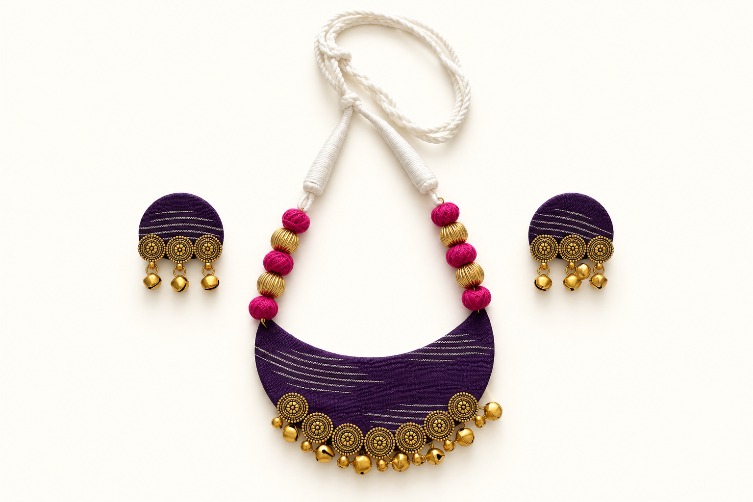 Purple Fabric Necklace Set with Pink Beads & Gold-Tone Bells