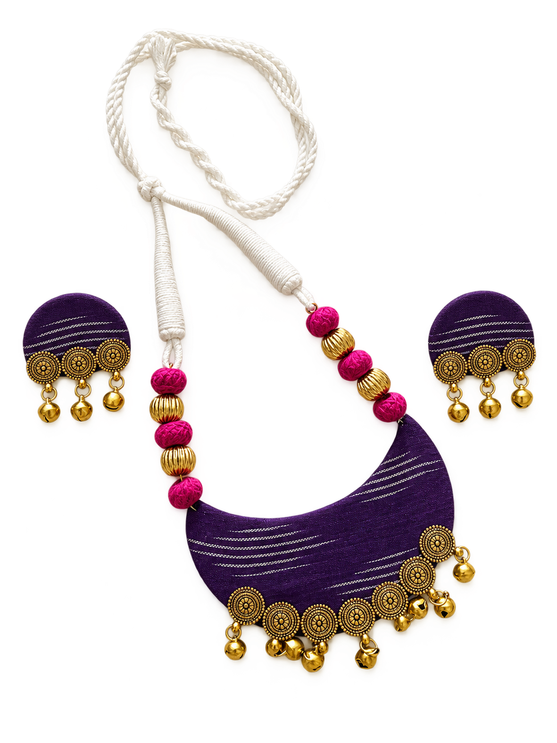 Purple fabric necklace and earrings with pink beads and gold-tone dangles
