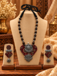 Maroon Ajrakh Fabric Shield Pendant Necklace Set with Wooden Beads