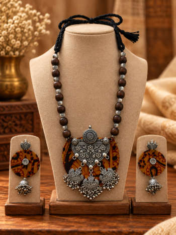 Mustard Batik Fabric Circular Necklace Set with Filigree Silver Pendant