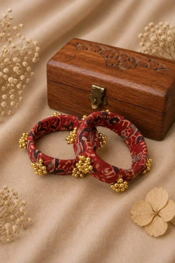 Handcrafted Red Ajrakh Fabric Bangles with Golden Bead Clusters (Set of 2)