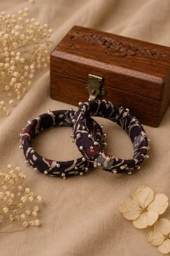 Handmade Dark Purple Ajrakh Fabric Bangles with Silver Stud Accents (Set of 2)