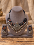Black Kalamkari Fabric Crescent Choker Set with Temple Goddess Pendant