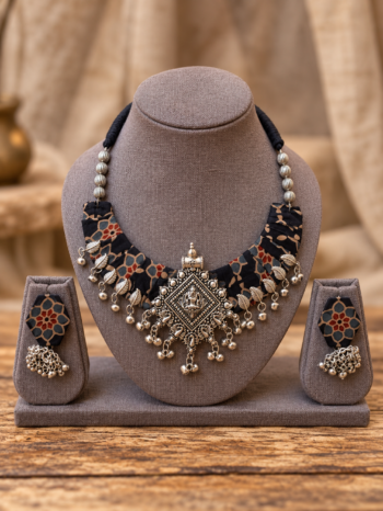 Black Kalamkari Fabric Crescent Choker Set with Temple Goddess Pendant