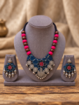 Blue-Printed-Fabric-Necklace-Set-with-Pink-Beads-Earrings-display