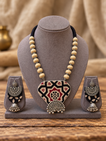 Geometric Ajrakh Fabric Statement Necklace Set with Beige Thread Beads