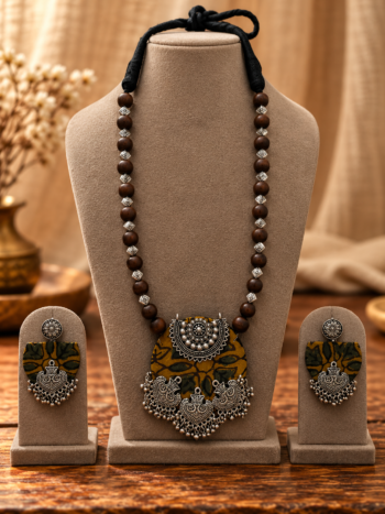 Olive Green Ajrakh Fabric Necklace Set with Oxidized Heart Charms