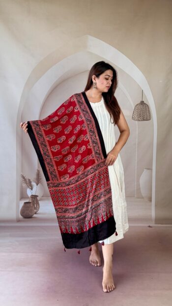 Handcrafted Maroon & Black Ajrakh Modal Silk Stole with Paisley Trails & Mosaic Palla