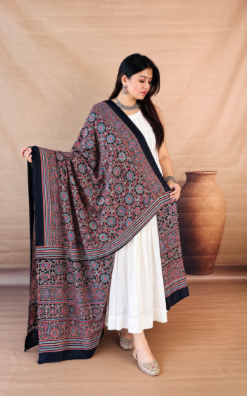 Handmade Black and Red Ajrakh Cotton Dupatta with Traditional Boota Print