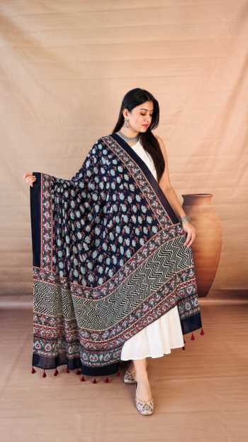 Handmade Indigo Blue Floral & Geometric Ajrakh Dupatta with Tassels