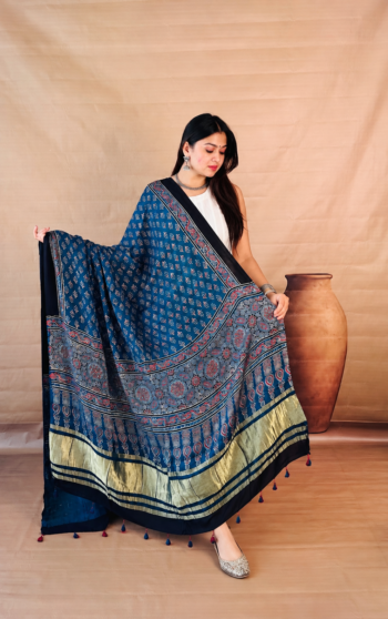 Handcrafted Royal Blue Ajrakh Dupatta with Intricate Booti & Zari Border