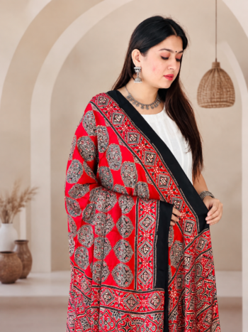 Handmade Bright Red Ajrakh Print Cotton Dupatta with Bold Motifs