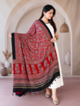 Handmade Bright Red Ajrakh Cotton Dupatta with Circular Mandalas & Floral Border