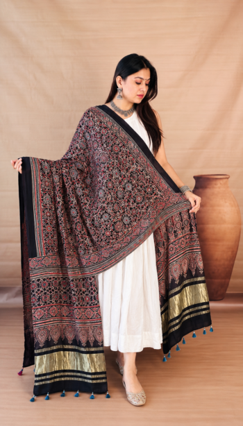 Handmade Black Multicolor Ajrakh Print Dupatta with Golden Lagri Patta Border