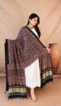 Handmade Black Multicolor Ajrakh Print Dupatta with Golden Lagri Patta Border