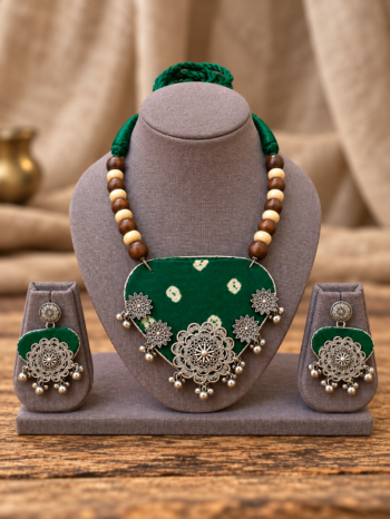 Green Fabric Statement Necklace Set with Silver-Tone Motifs