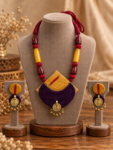 Yellow & Maroon Cloth Pendant Necklace with Matching Earrings