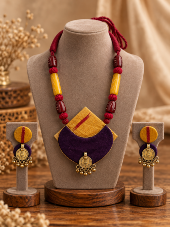 Yellow & Maroon Cloth Pendant Necklace with Matching Earrings