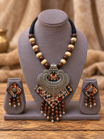 Brown Ajrakh Fabric Necklace Set With Silver Tone Pendant