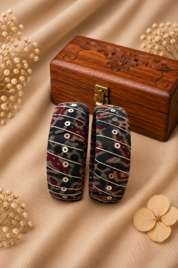Handmade Ajrakh Print Fabric Bangles for Women & Girls | Traditional Black Maroon Olive Green Broad Designer Bangles with Silver Sequin & Thread Detailing | Set of 2 | Ethnic, Wedding, Festive & Party Wear Jewellery