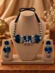 Indigo Blue Ajrakh Fabric Panel Choker Set with Shell Charms