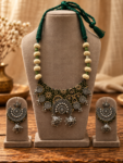 Olive Green Batik Fabric Crescent Choker Set with Thread-Wrapped Beads