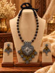 Mustard Ajrakh Fabric Diamond Pendant Necklace Set with Floral Silver Charms