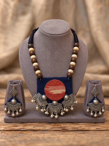 Handcrafted Royal Blue Square Fabric Necklace Set with Rust Circular Patch, Fan Charms & Wooden Beads
