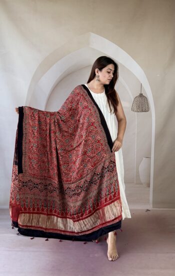 Handcrafted Red Ajrakh Modal Silk Dupatta with Gold Zari Lagadi Pallu