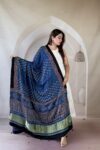 Handcrafted Royal Blue Ajrakh Modal Silk Dupatta with Gold Zari Lagadi Pallu