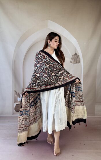 Handcrafted Off-White Ajrakh Modal Silk Dupatta with Gold Zari Lagadi Pallu
