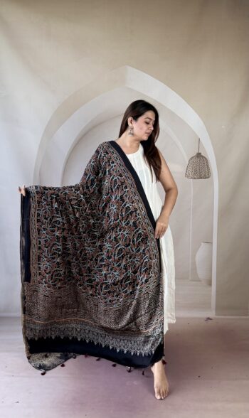 Black & Indigo Ajrakh Modal Silk Dupatta with Dense Floral Jaal and Temple Arch Palla