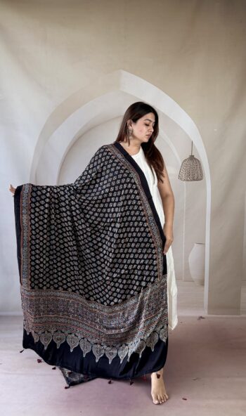 Handcrafted Black & Maroon Ajrakh Modal Silk Dupatta with Geometric Bootas and Archway Palla