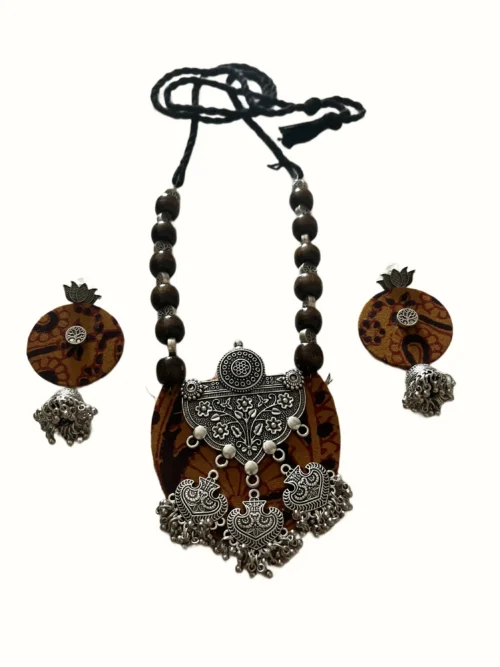 Mustard Batik Fabric Circular Necklace Set with Filigree Silver Pendant