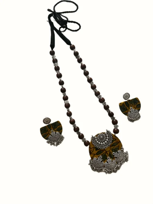 Olive Green Printed Fabric Necklace Set with Oxidized Heart Charms