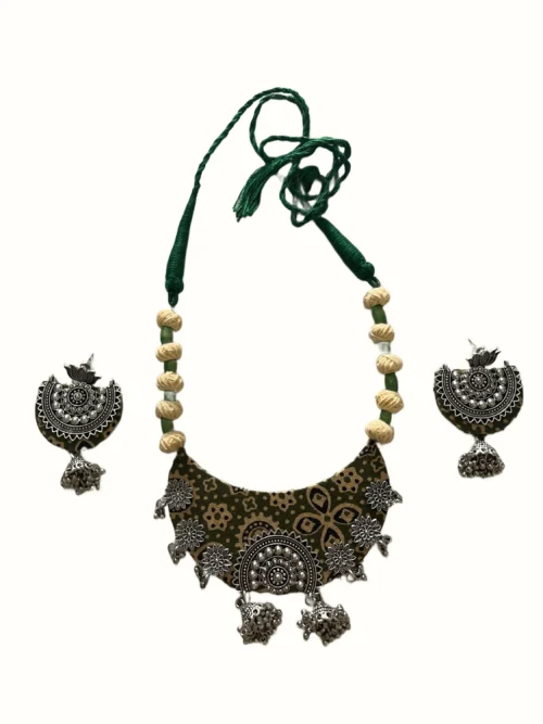 Olive Green Batik Fabric Crescent Choker Set with Thread-Wrapped Beads