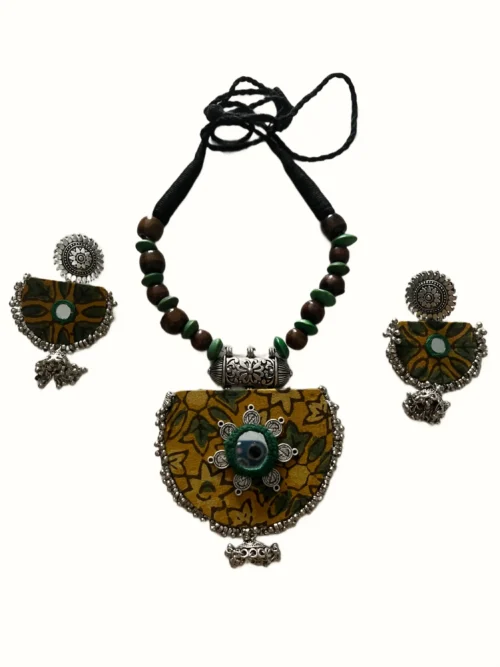 Mustard Printed Fabric Mirror Work Necklace Set with Green Beads & Jhumkas