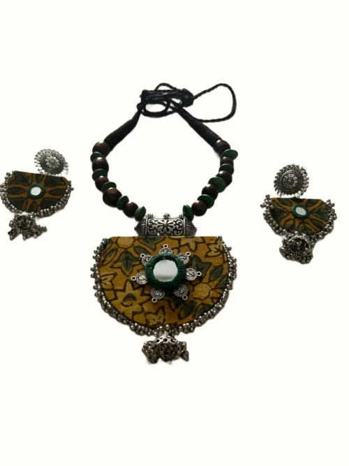 Mustard Printed Fabric Mirror Work Necklace Set with Coin Border